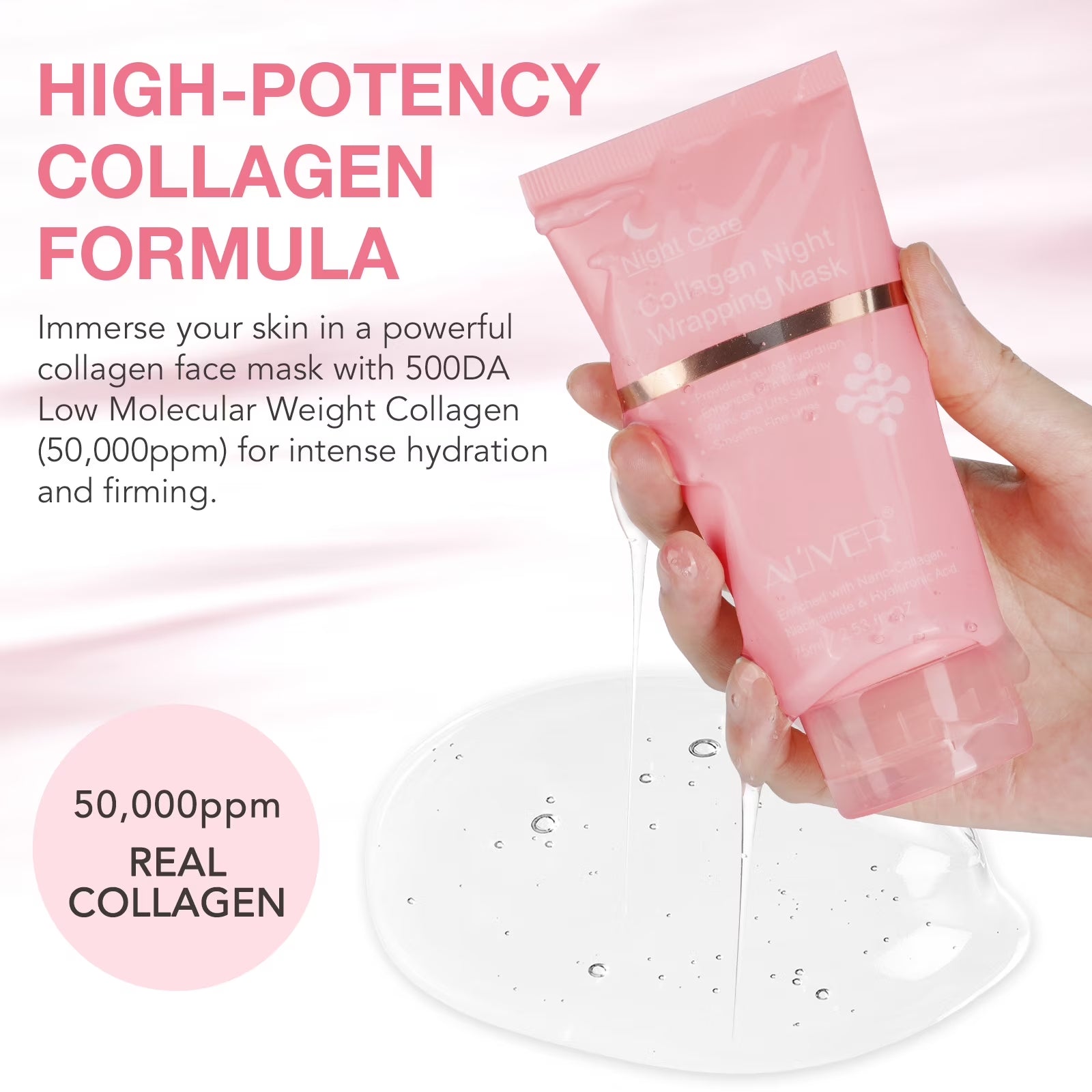 ALIVER Collagen Night Wrapping Mask, Peel off Collagen Face Mask for Women, Anti-Aging, Elasticity & Hydration, 2.53 Fl.Oz