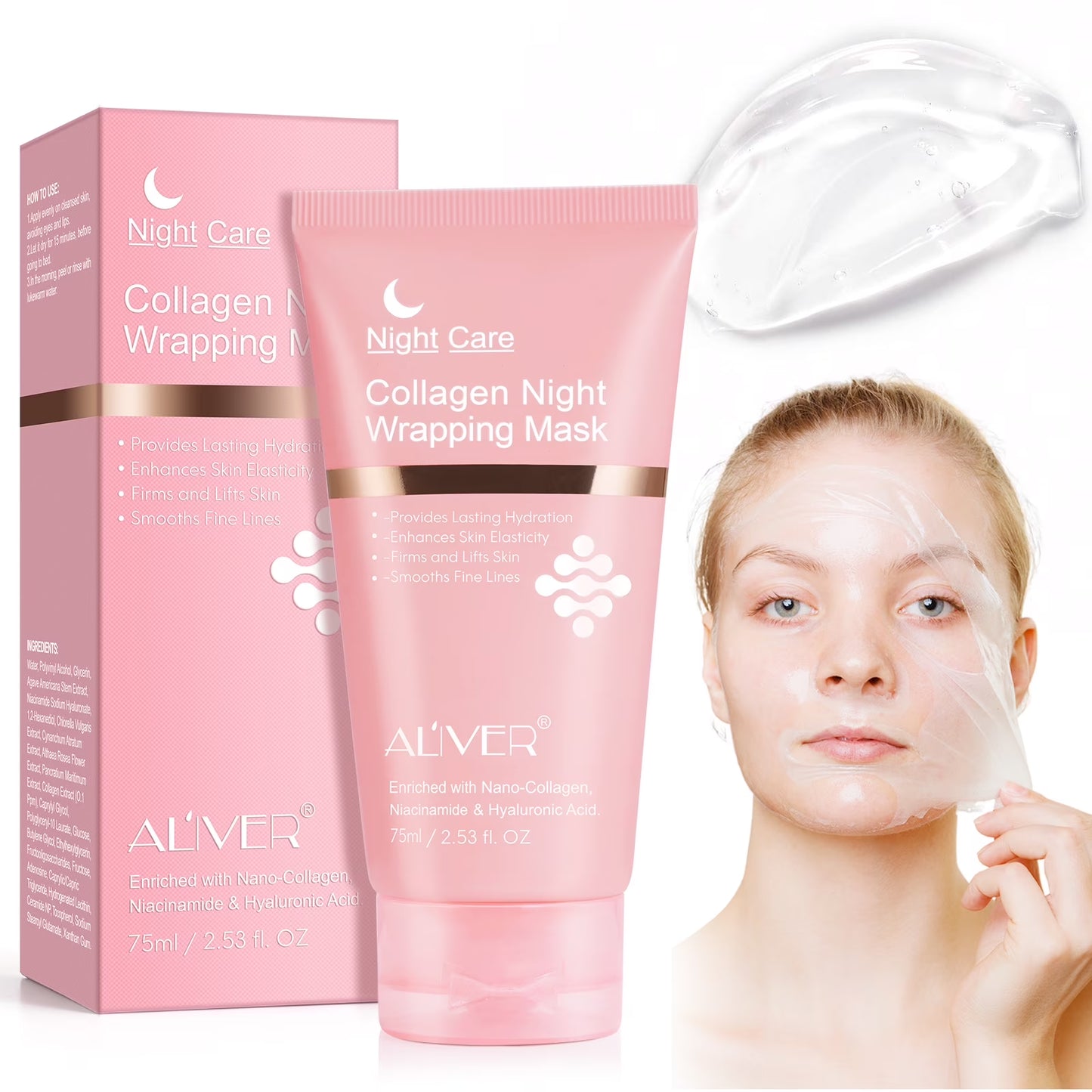 ALIVER Collagen Night Wrapping Mask, Peel off Collagen Face Mask for Women, Anti-Aging, Elasticity & Hydration, 2.53 Fl.Oz