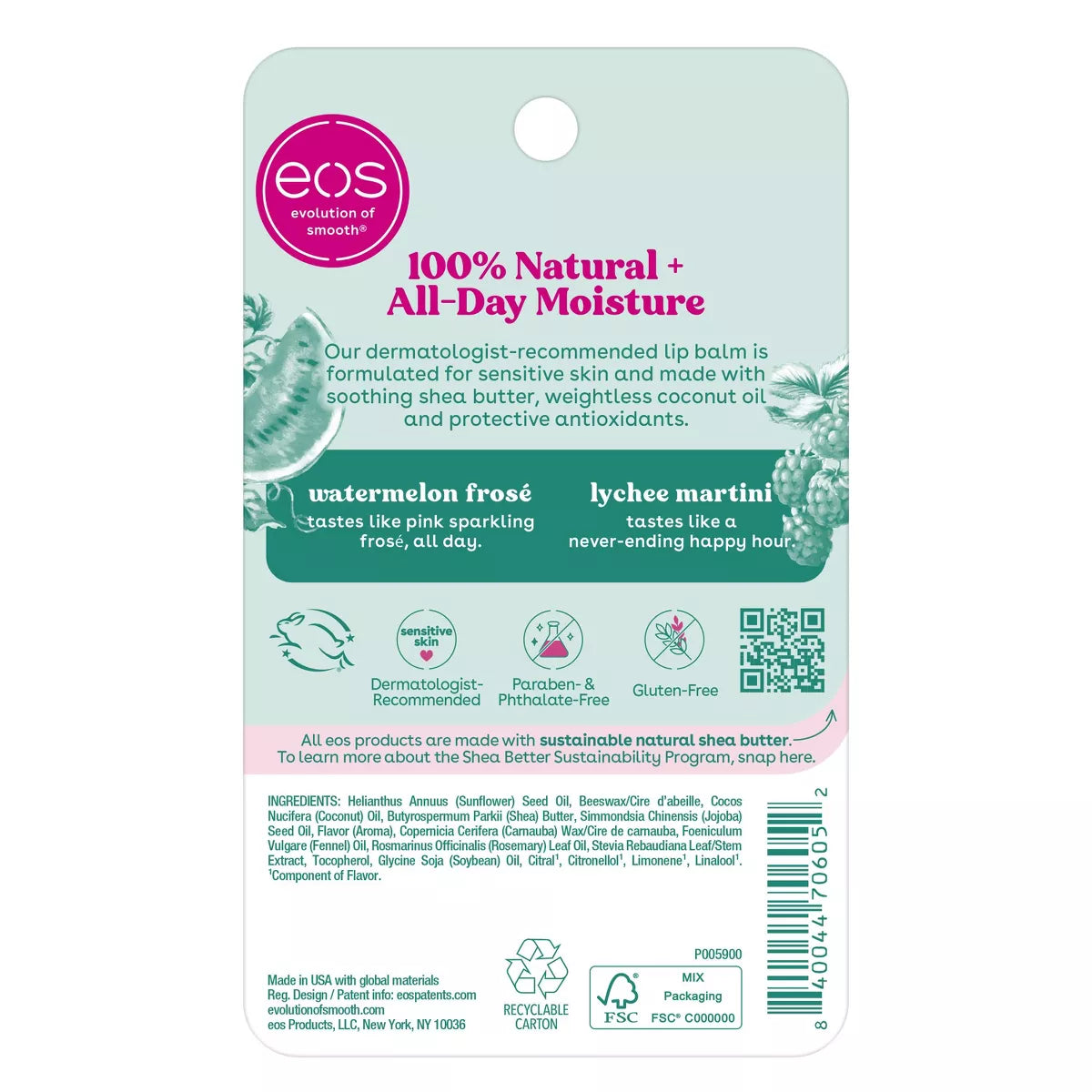 Eos 100% Natural Shea, Watermelon Frosé & Lychee Martini Lip Balm - 0.28Oz/2Pk