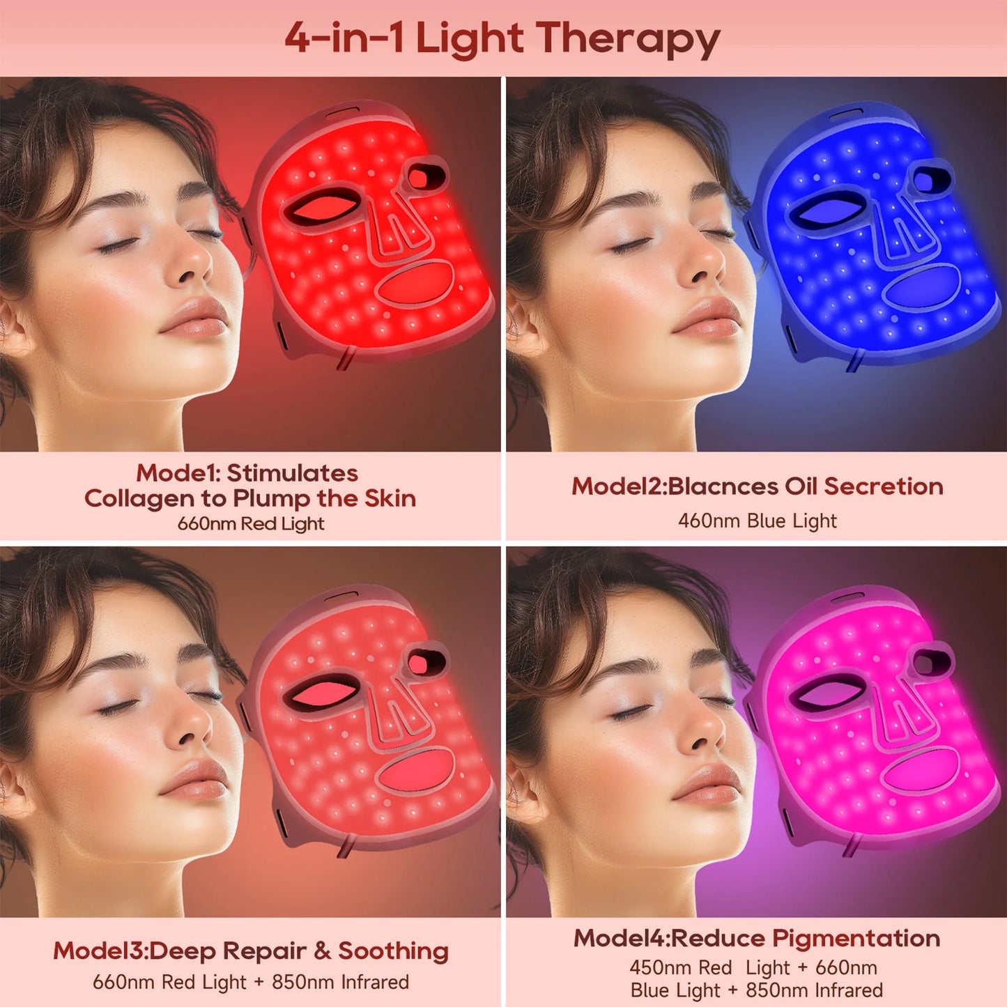 Red Light Therapy for Face, 4 Modes Led Face Mask Light Therapy with Remote, Portable Light Therapy Mask for Skin Care at Home, Travel (Black)