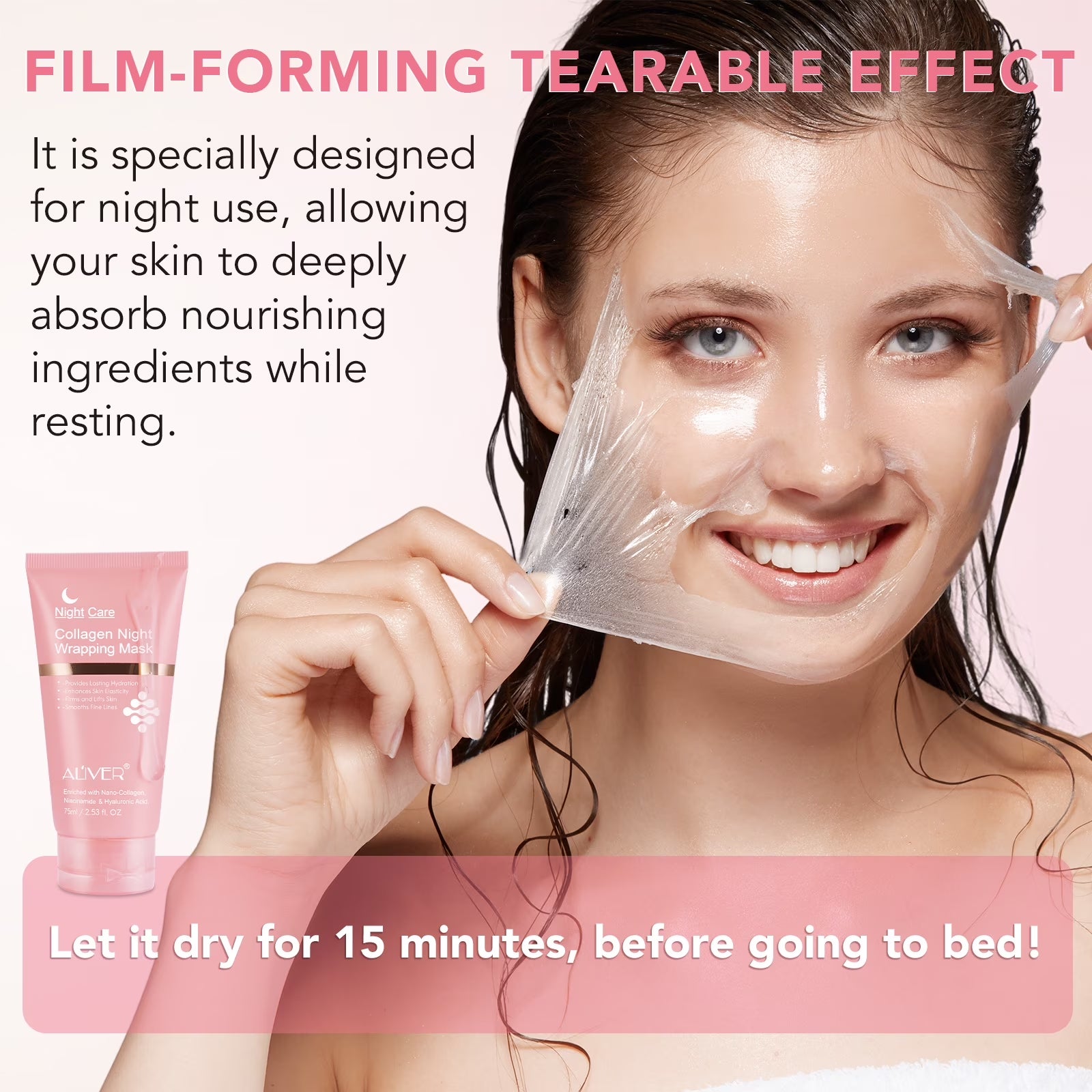ALIVER Collagen Night Wrapping Mask, Peel off Collagen Face Mask for Women, Anti-Aging, Elasticity & Hydration, 2.53 Fl.Oz