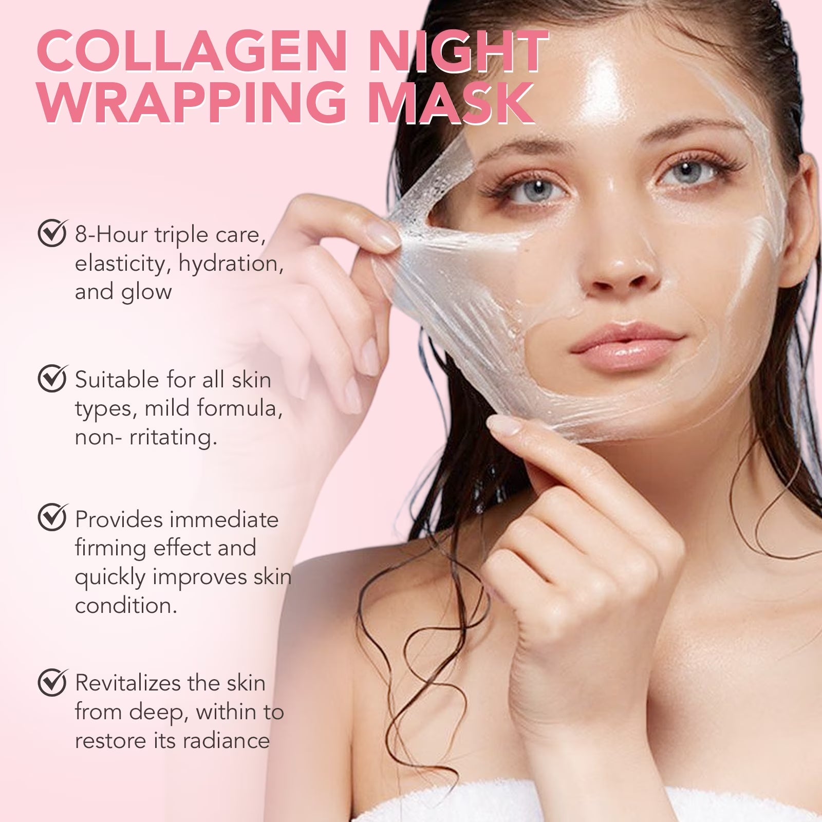 ALIVER Collagen Night Wrapping Mask, Peel off Collagen Face Mask for Women, Anti-Aging, Elasticity & Hydration, 2.53 Fl.Oz