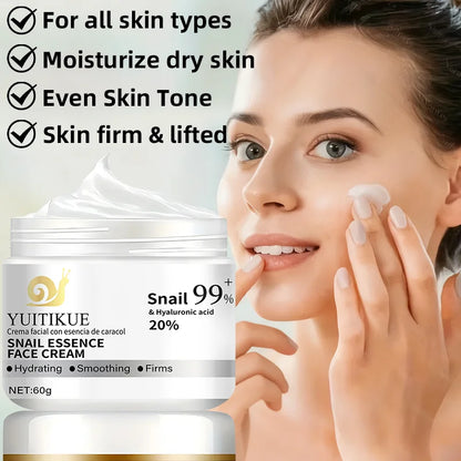 Snail Essence Facial Cream with 99% Snail and 20% Hyaluronic Acid Deeply Moisturizes, Smooths, and Firms