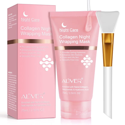 ALIVER Collagen Night Wrapping Mask, Peel off Collagen Face Mask for Women, Anti-Aging, Elasticity & Hydration, 2.53 Fl.Oz