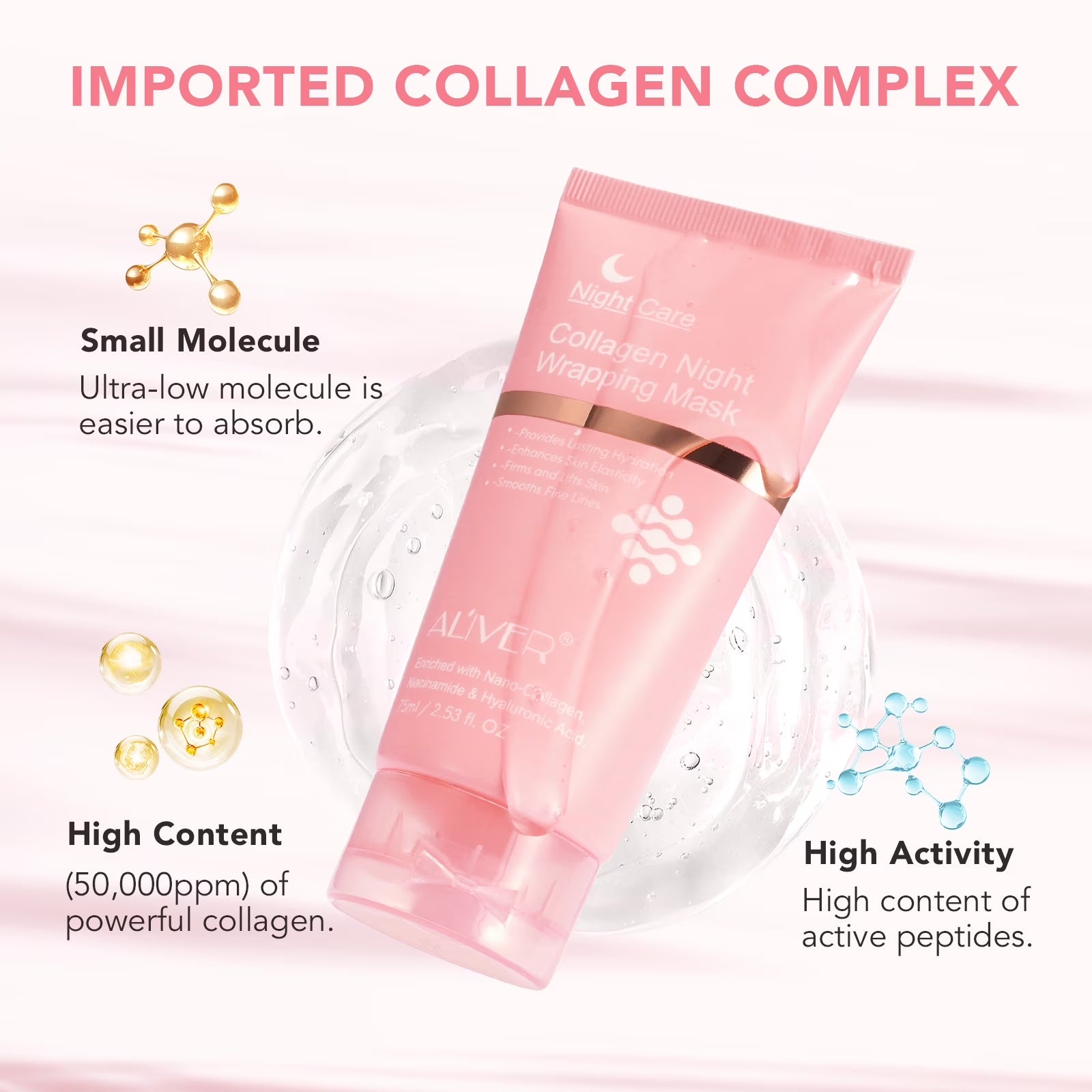 ALIVER Collagen Night Wrapping Mask, Peel off Collagen Face Mask for Women, Anti-Aging, Elasticity & Hydration, 2.53 Fl.Oz