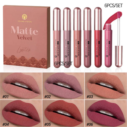 YOUNG VISION 6Pcs/Set Matte Velvet Lipgloss Waterproof Long-Lasting Liquid Lipstick for Flawless Makeup