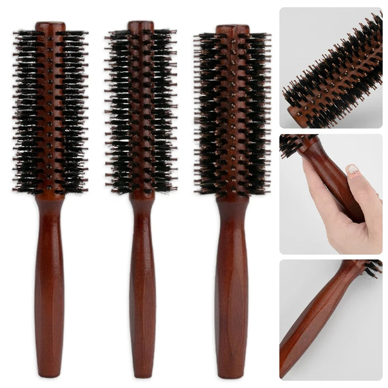 Porcine Bristle Solid Wood Curly Hair Comb Square Handle Hair Styling Roller Comb Flat Rolling Hair Root Fluffy Comb Hairbrush