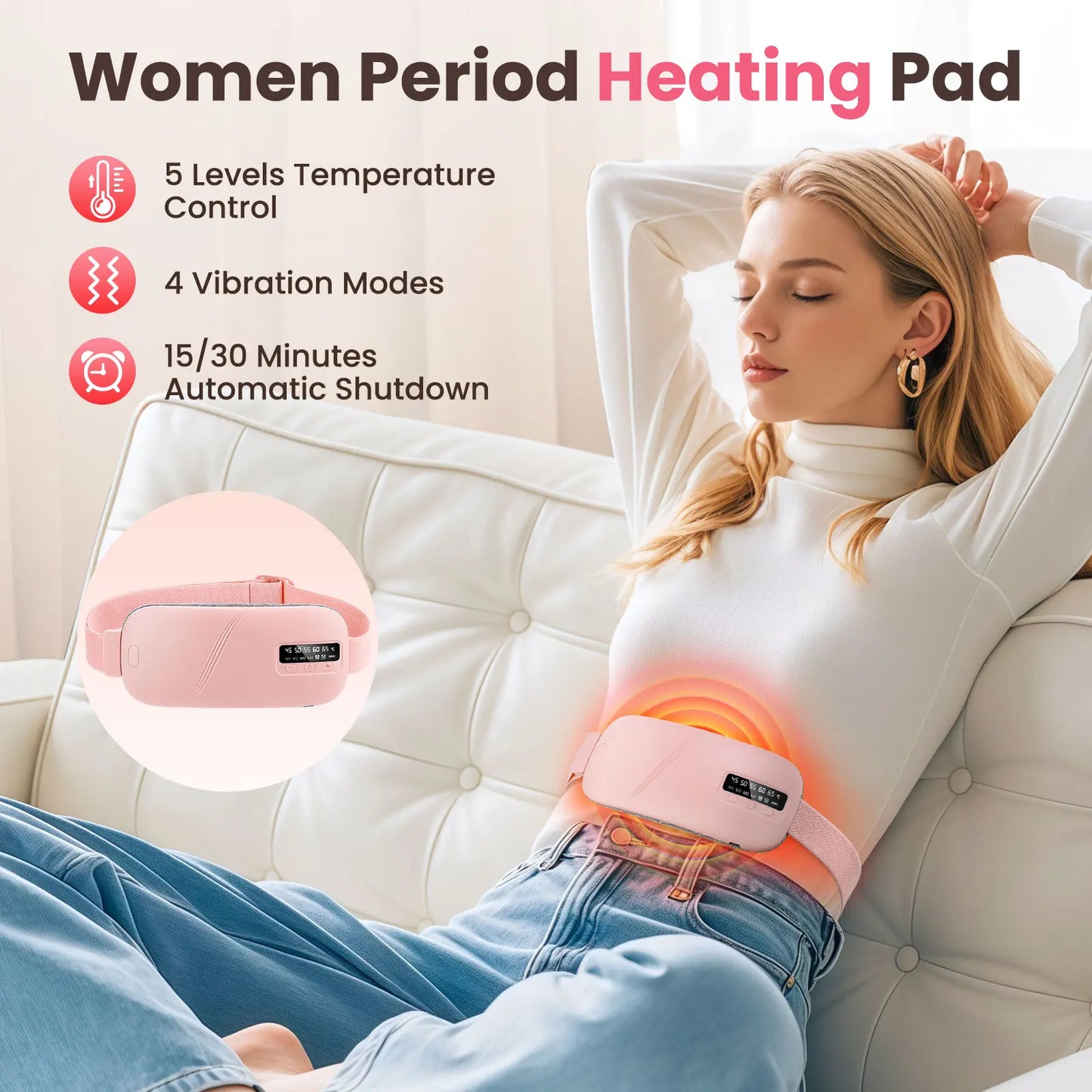 Heated Massage Warming Palace Belt Electric Period Cramp Massager for Menstrual Waist Stomach Abdominal Vibrating Heating Pad