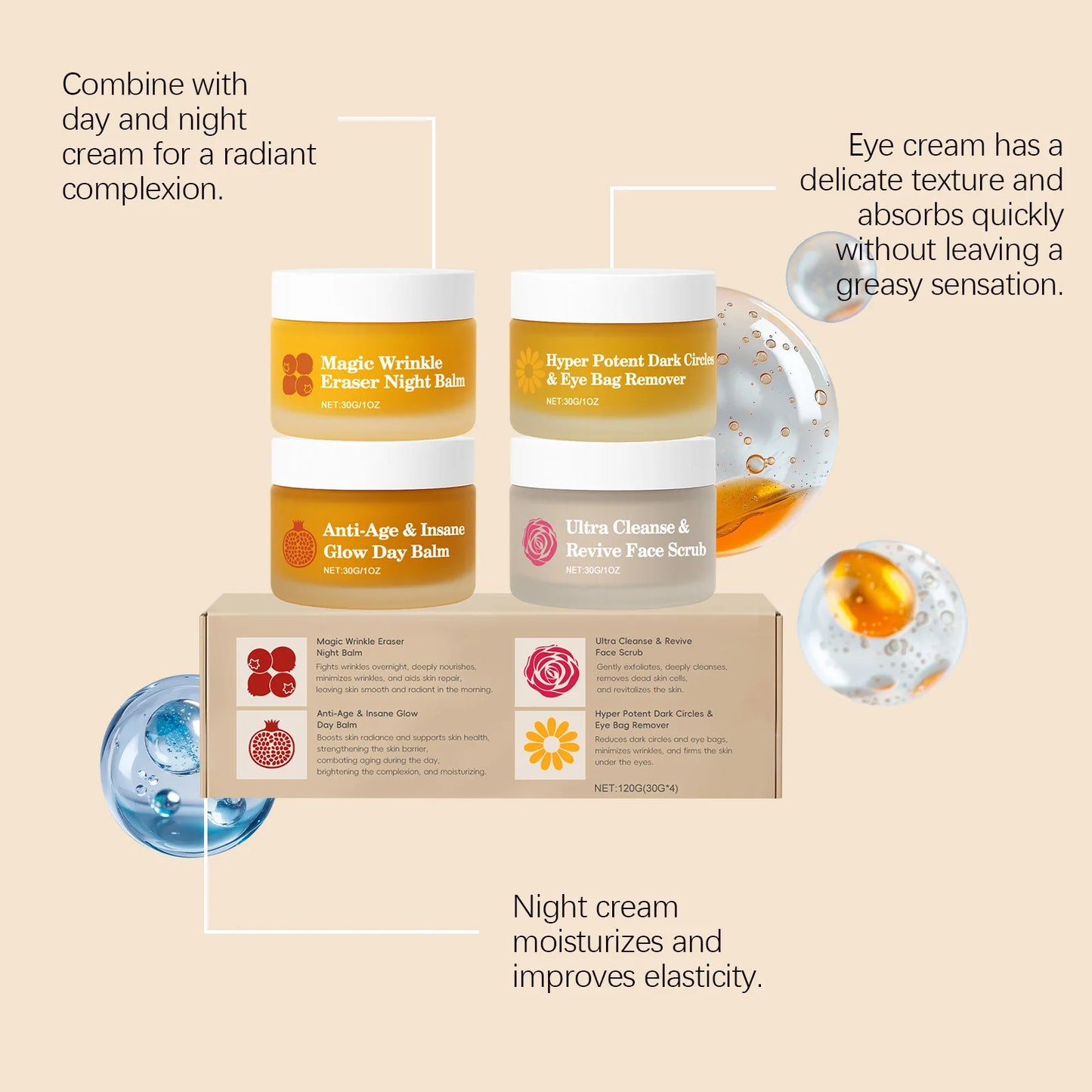 Day Night Skincare Set Firming Moisturizing & Skin Barrier Repair Cream Tightening Brighten Face Scrub Nourishing Eye Care Combo