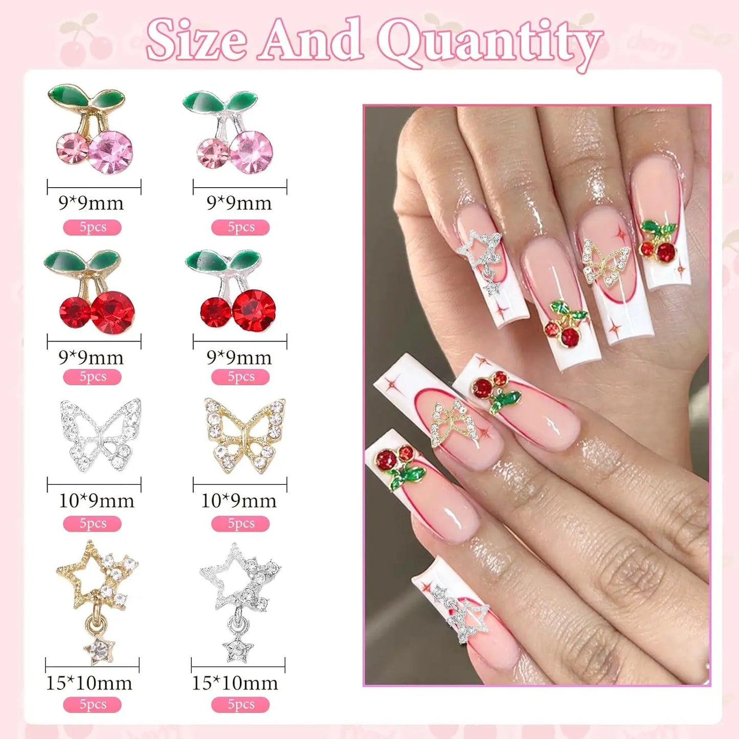40 Pcs Alloy Nail Gems Charms, Silver Gold 3D Butterfly Dangle Star Nail Rhinestones Charms Pink Red Cherry Shiny Diamond