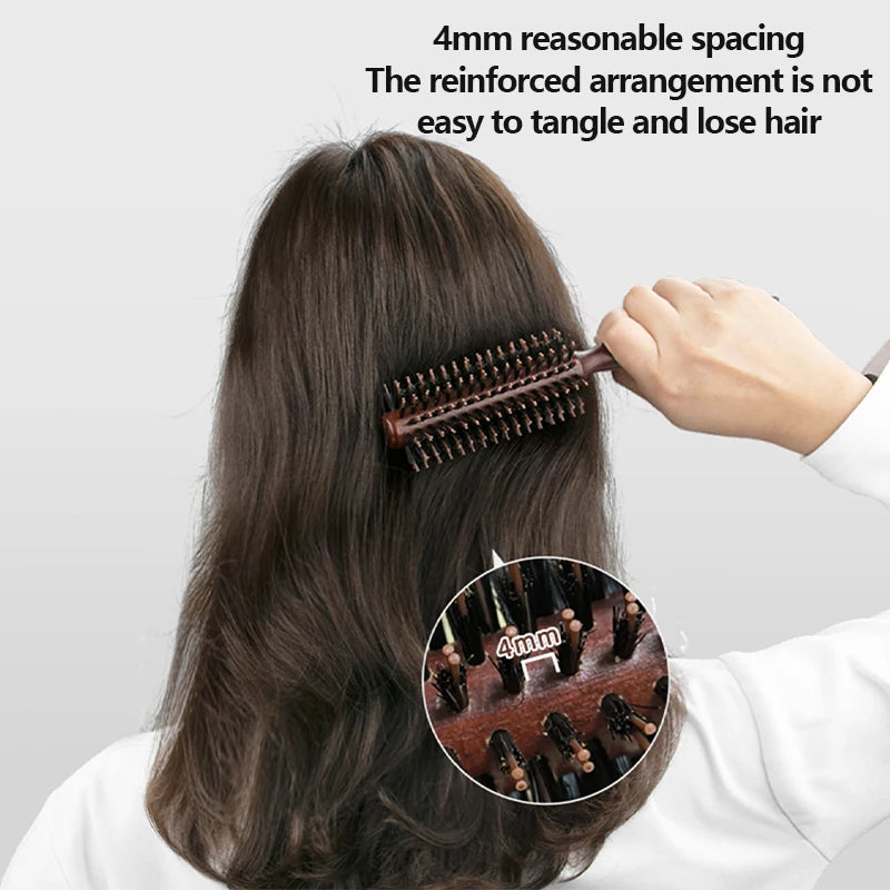 Porcine Bristle Solid Wood Curly Hair Comb Square Handle Hair Styling Roller Comb Flat Rolling Hair Root Fluffy Comb Hairbrush