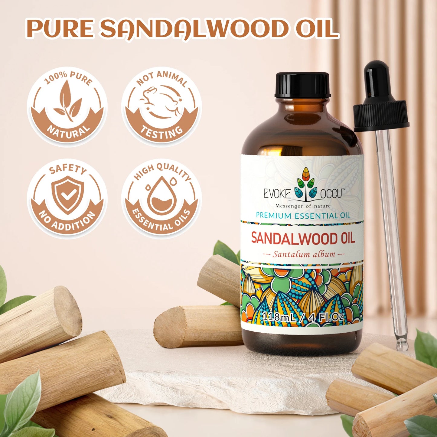 EVOKE OCCU 118ML/4 Fl.Oz. Essential Oils, Premium Sandalwood Plant Oil for Diffuser Purifier Skin&Hair Care Candle Soap Making