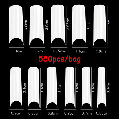 500/550pcs Water Pipe Square Shape Tips For Acrylic False Nail,XL Clear/Nature Half Cover False Nail Tips Extensions Capsules