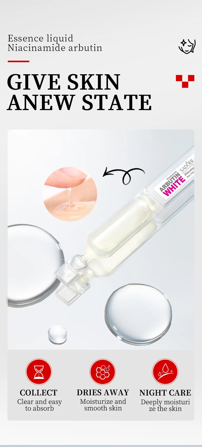 Niacinamide Arbutin Second Generation Essence, with Moisturizing Properties and Easy Absorption, Can Nourish and Restore Skin Vitality The Whitening and Brightening Effects Are Remarkable, Helping to Improve Dry, Rough, and D