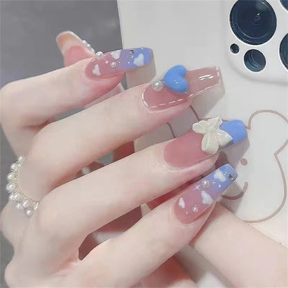 French Style False Nails Glitte Bow Design Fake Nail Patch False Nail Patch Mid Length Coffin Ballerina Acrylic Artificial Nails