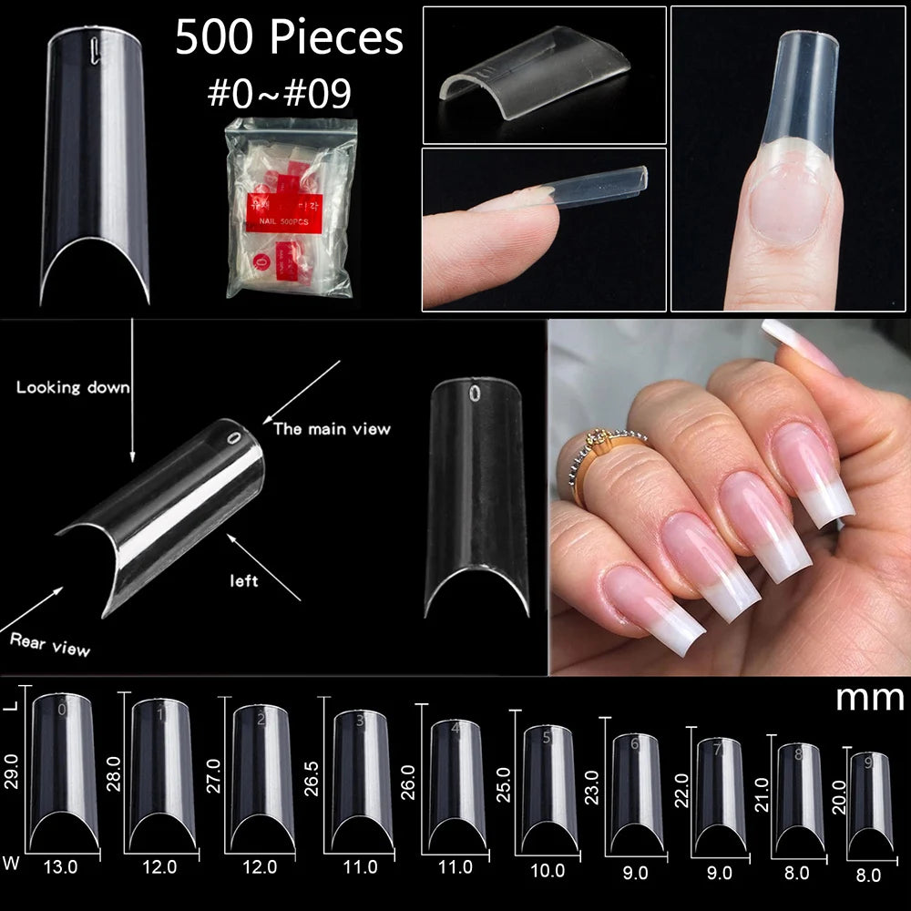 500/550pcs Water Pipe Square Shape Tips For Acrylic False Nail,XL Clear/Nature Half Cover False Nail Tips Extensions Capsules