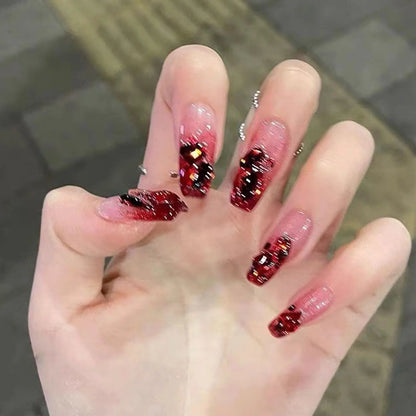 French Style False Nails Glitte Bow Design Fake Nail Patch False Nail Patch Mid Length Coffin Ballerina Acrylic Artificial Nails