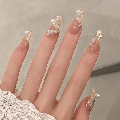 French Style False Nails Glitte Bow Design Fake Nail Patch False Nail Patch Mid Length Coffin Ballerina Acrylic Artificial Nails