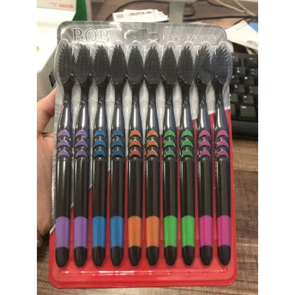 10pcs Toothbrush Soft Bristle Adult Bamboo Charcoal Household Fine Wool Toothbrush Antibacterial for Family Men and Women