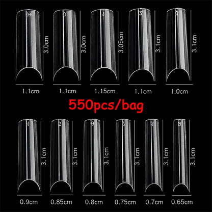 500/550pcs Water Pipe Square Shape Tips For Acrylic False Nail,XL Clear/Nature Half Cover False Nail Tips Extensions Capsules