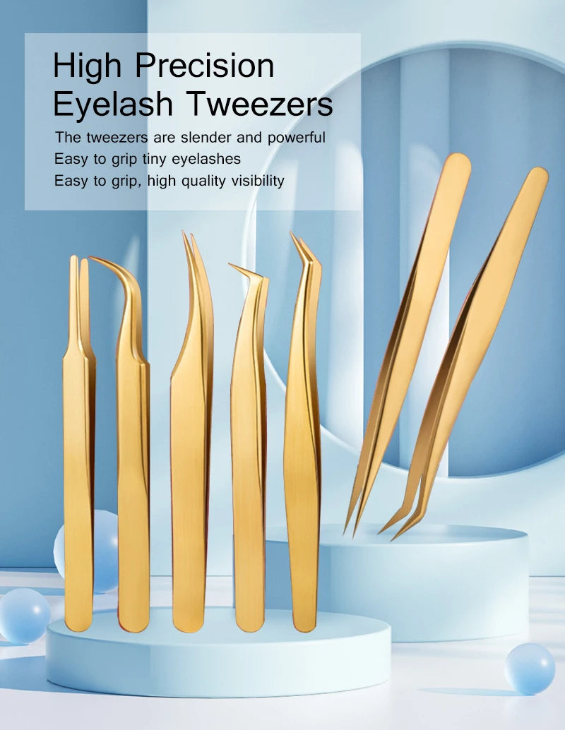 1PC Eyelash Extension Tweezers Lash Tweezer Applicator Extension Supplies Volume Professional Eyebrow Eyelash Gold Tweezers