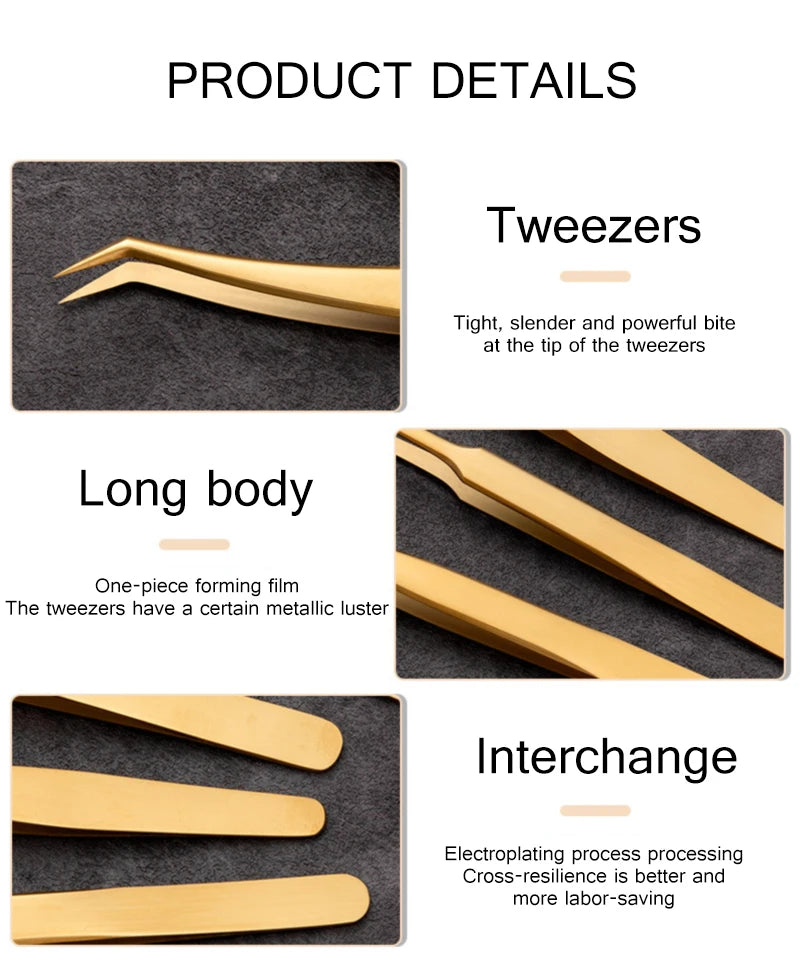 1PC Eyelash Extension Tweezers Lash Tweezer Applicator Extension Supplies Volume Professional Eyebrow Eyelash Gold Tweezers
