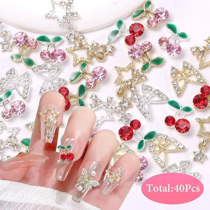 40 Pcs Alloy Nail Gems Charms, Silver Gold 3D Butterfly Dangle Star Nail Rhinestones Charms Pink Red Cherry Shiny Diamond