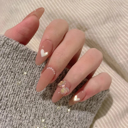 French Style False Nails Glitte Bow Design Fake Nail Patch False Nail Patch Mid Length Coffin Ballerina Acrylic Artificial Nails