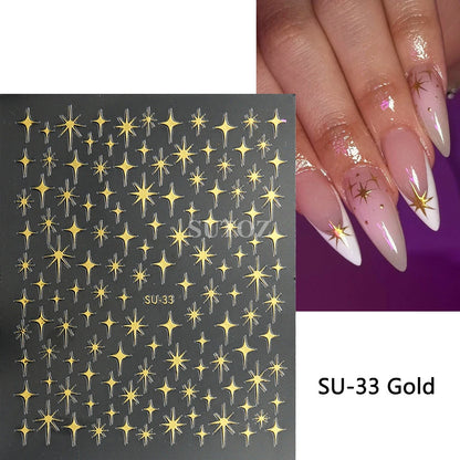 1pcs Golden 3D Metal Laser Starburst Nail Stickers Vibrant Y2K Nail Art Decorations for Manicure French Nail Art and DIY Nail
