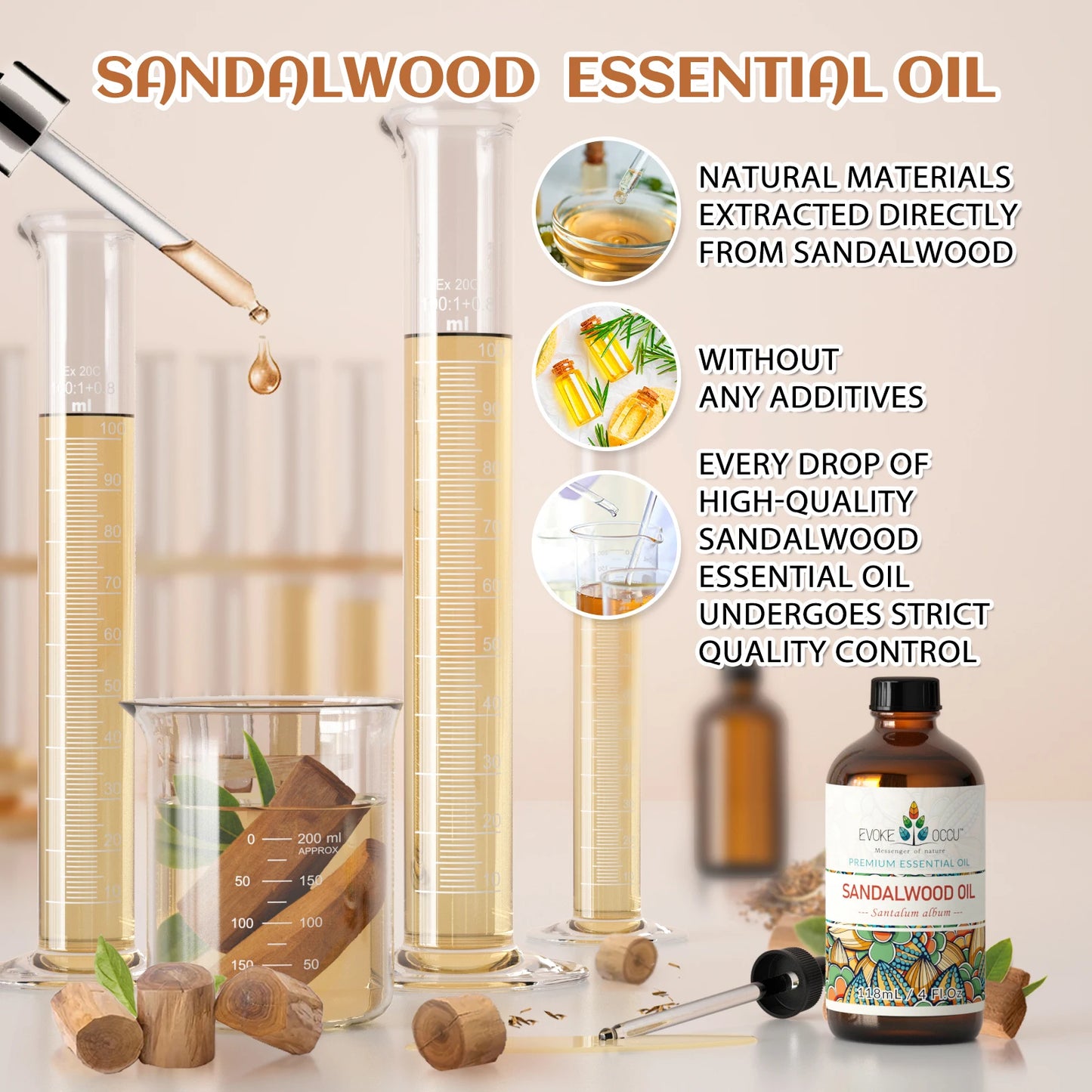 EVOKE OCCU 118ML/4 Fl.Oz. Essential Oils, Premium Sandalwood Plant Oil for Diffuser Purifier Skin&Hair Care Candle Soap Making