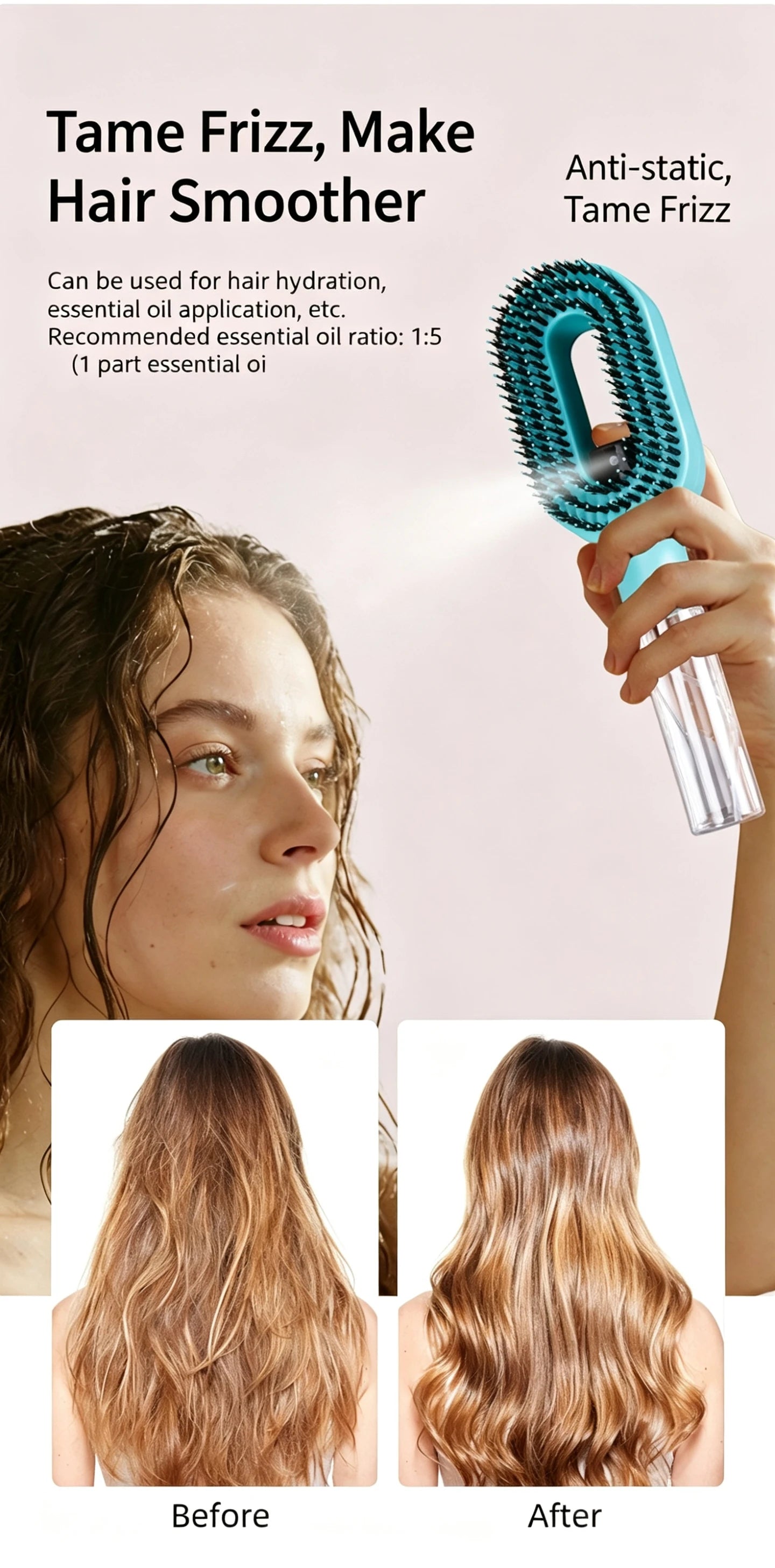 2 in 1 Spray Massage Comb Essential Oil Water Spray Bottle Anti Static Scalp Massager for Hair Detangling Daily Hair Care Salon