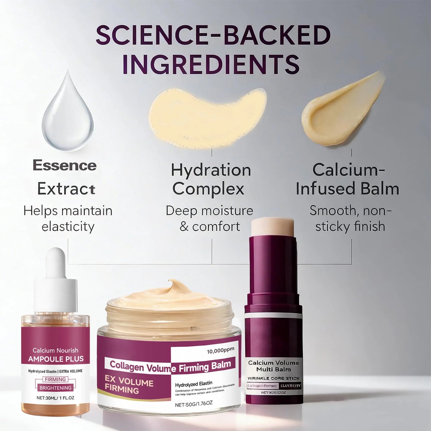 Korean Calcium Volume Multi Balm+Calcium Collagen Moisturizer+Pore Firming Essence Gentle & Moisture Routine for Daily Skincare