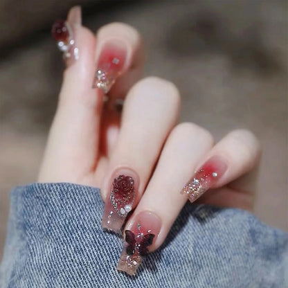 French Style False Nails Glitte Bow Design Fake Nail Patch False Nail Patch Mid Length Coffin Ballerina Acrylic Artificial Nails