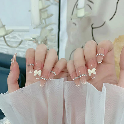 French Style False Nails Glitte Bow Design Fake Nail Patch False Nail Patch Mid Length Coffin Ballerina Acrylic Artificial Nails