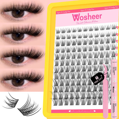 WOSHEER Lashes Cluster Kit Cat Lashes DIY Natural Eyelash Extension Kit Lash Bond & Seal Eyelash Clusters Set Makeup