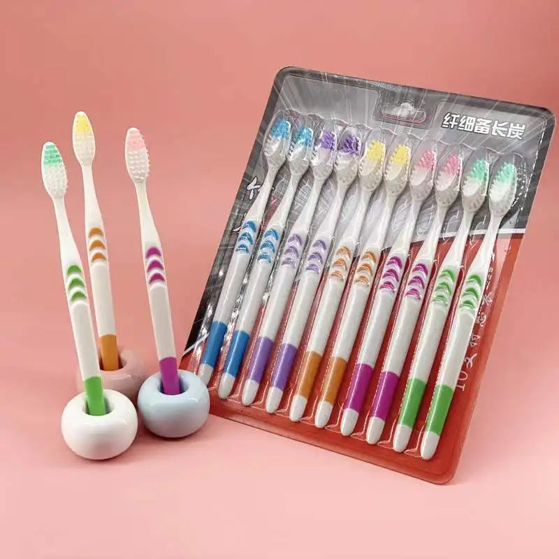 10pcs Toothbrush Soft Bristle Adult Bamboo Charcoal Household Fine Wool Toothbrush Antibacterial for Family Men and Women