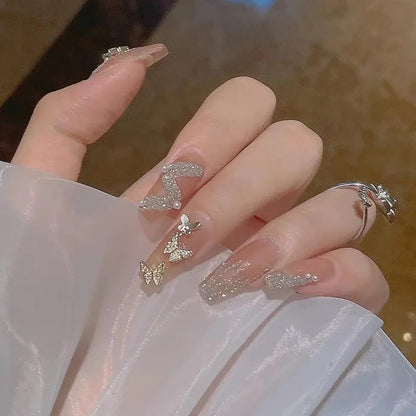 French Style False Nails Glitte Bow Design Fake Nail Patch False Nail Patch Mid Length Coffin Ballerina Acrylic Artificial Nails