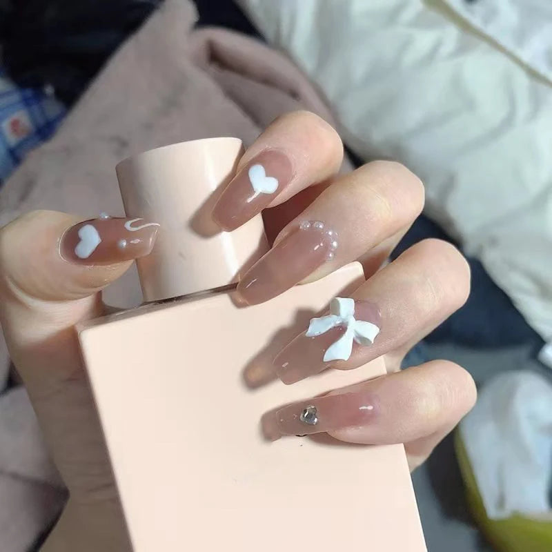 French Style False Nails Glitte Bow Design Fake Nail Patch False Nail Patch Mid Length Coffin Ballerina Acrylic Artificial Nails