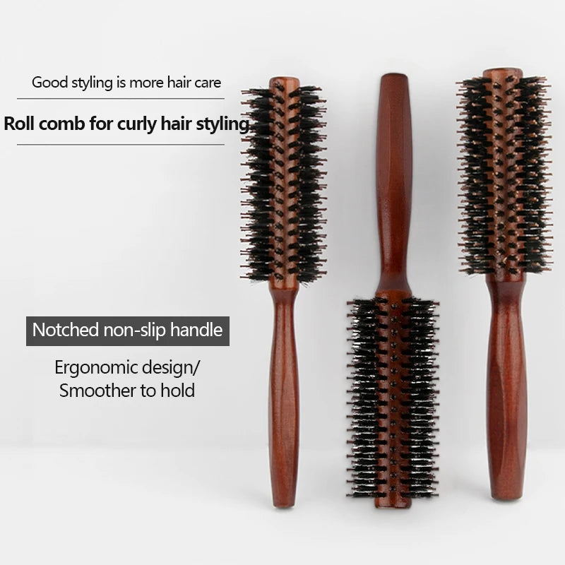 Porcine Bristle Solid Wood Curly Hair Comb Square Handle Hair Styling Roller Comb Flat Rolling Hair Root Fluffy Comb Hairbrush