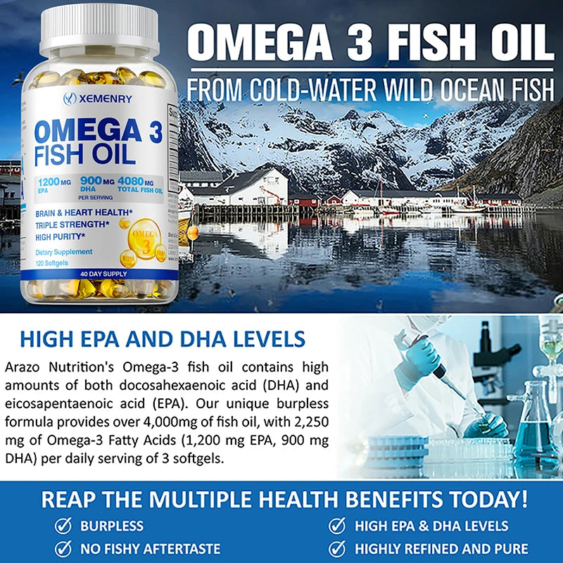 Omega-3 Fish Oil Rich in DHA and EPA - Improve Bad Mood, Relieve Stress, Strengthen The Brain, Improve Memory & Intelligence
