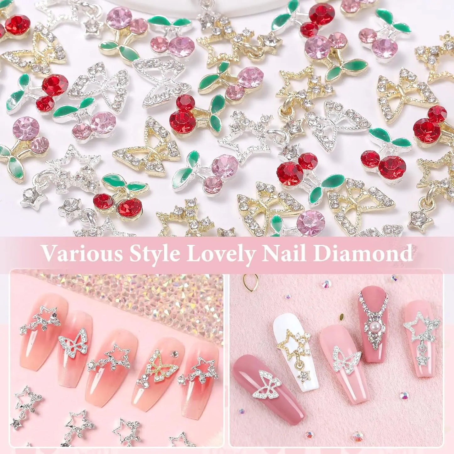 40 Pcs Alloy Nail Gems Charms, Silver Gold 3D Butterfly Dangle Star Nail Rhinestones Charms Pink Red Cherry Shiny Diamond