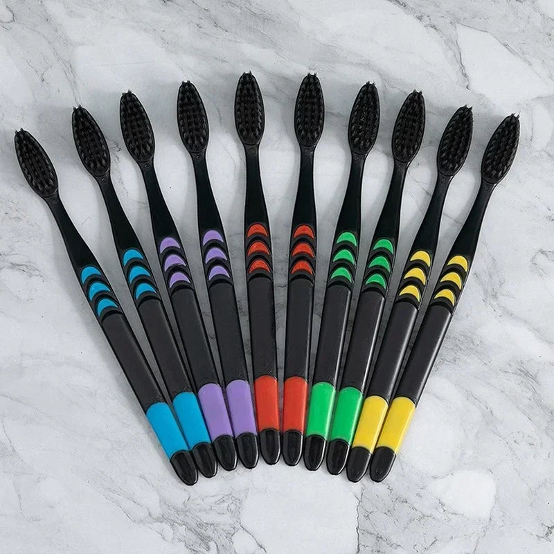 10pcs Toothbrush Soft Bristle Adult Bamboo Charcoal Household Fine Wool Toothbrush Antibacterial for Family Men and Women