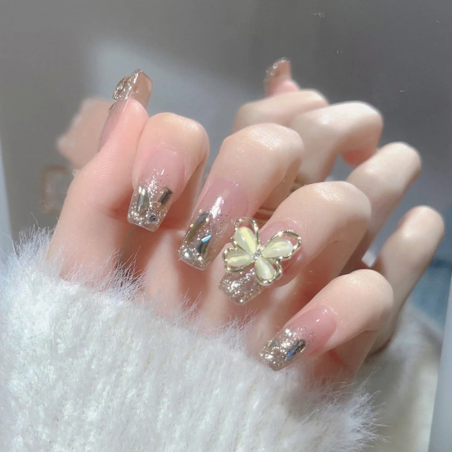 French Style False Nails Glitte Bow Design Fake Nail Patch False Nail Patch Mid Length Coffin Ballerina Acrylic Artificial Nails