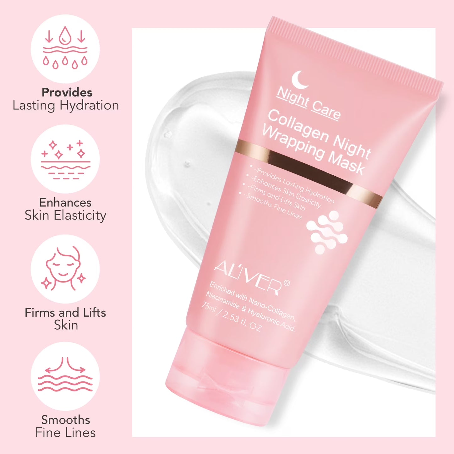 ALIVER Collagen Night Wrapping Mask, Peel off Collagen Face Mask for Women, Anti-Aging, Elasticity & Hydration, 2.53 Fl.Oz