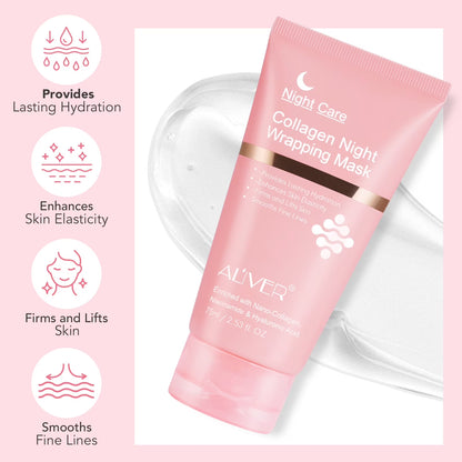 ALIVER Collagen Night Wrapping Mask, Peel off Collagen Face Mask for Women, Anti-Aging, Elasticity & Hydration, 2.53 Fl.Oz