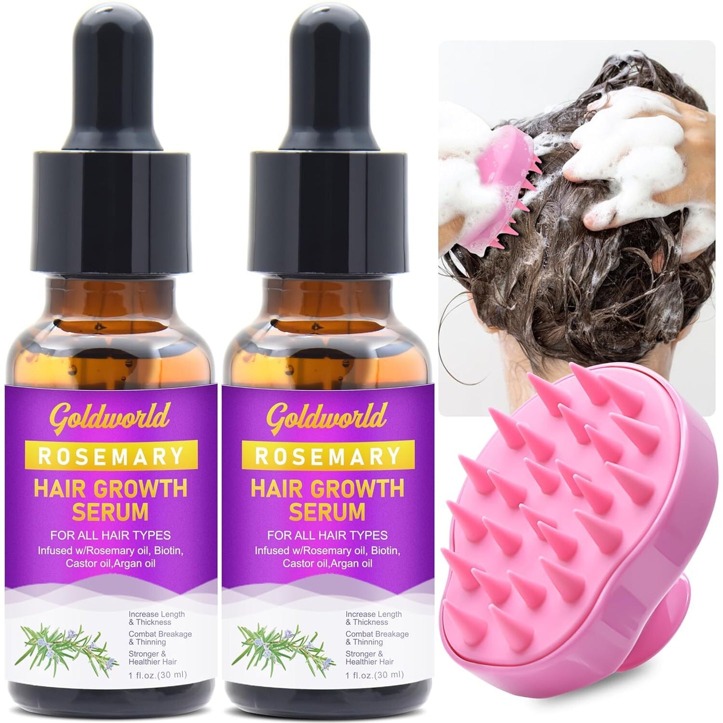 Rosemary Hair Growth Serum 2 Pack with Scalp Massager - Biotin, Argan Oil